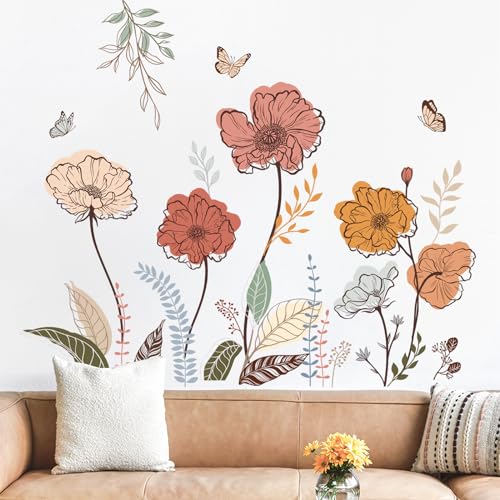 wondever Boho Flower Wall Stickers Wildflower Floral Grass Peel and Stick Wall Art Decals for Living Room Bedroom TV Wall