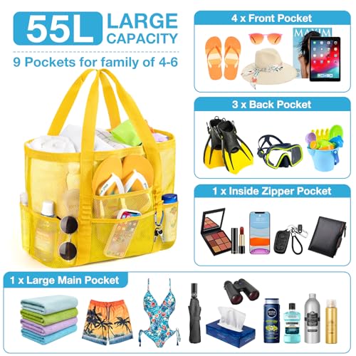 KPX Mesh Beach Bag, Large Beach Tote Bags for Women Foldable Mesh Swimming Pool Bag with Mini Pockets - Sandproof, Waterproof