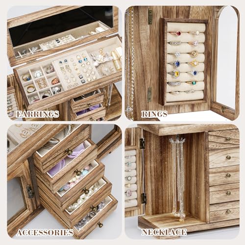 Miratino Jewelry Box for Women Girls, Rustic Wooden Jewelry Organizer Box with Mirror, 5 Layer Jewelry Storage Case Displa...