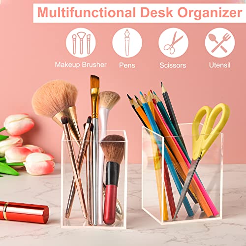 Mototo 2 Pieces Clear Acrylic Pen Holder & Pencil Cup Clear Makeup Bush Holder Acrylic Desktop Stationery Organizer for Of...