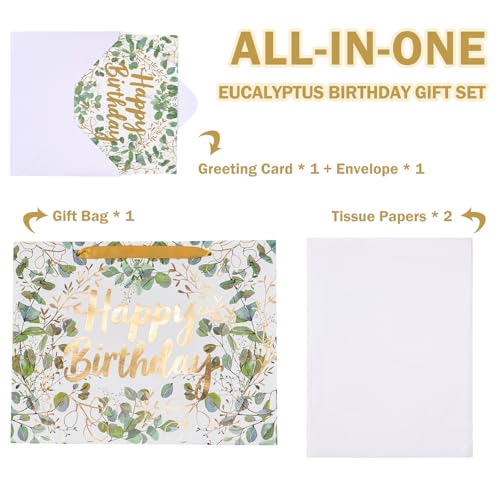 WRAPAHOLIC 13" Large Birthday Gift Bag with Card and Tissue Paper - Green and Gold Foil Eucalyptus Paper Bags for Kids Bir...