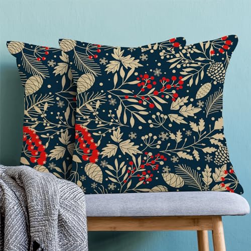 Christmas Pillow Covers 20x20 Inch 2 Pcs, Navy Blue Red Floral Decorative Throw Pillows for Couch, Xmas Winter Flower Outd...