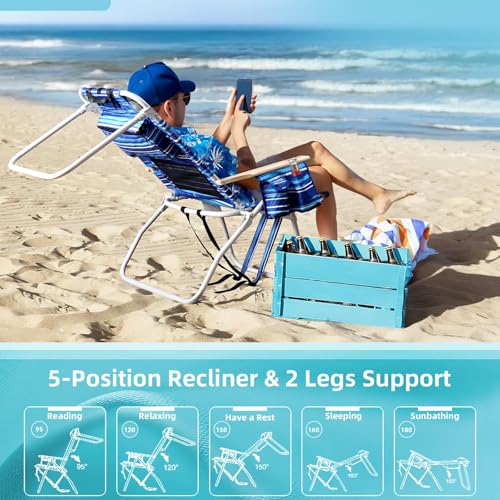Tall Beach Chairs for Adults, 17" High Backpack Beach Chair with Wooden Armrests, 5 Positions Reclining Heavy Duty Chair w...