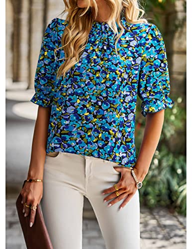 ZILIN Women's Summer Boho Floral Shirt Top Ruffle Mock Neck Puff Short Sleeve 2026 Casual Blouses