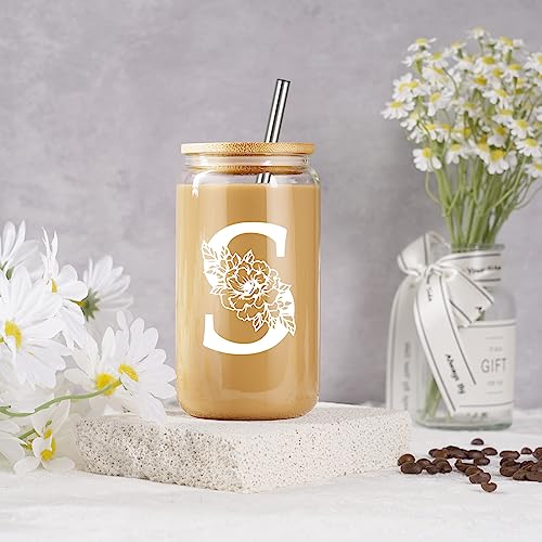 Coolife Initial Glass Cup, Monogrammed Gifts for Women, 16oz Glass Cups w/Lids Straws, Iced Coffee Smoothie Beer Tumbler ...