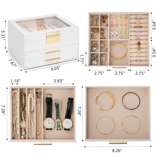 JBAOWEI Jewelry Box for Women, 3-Layer Jewelry Box, Jewelry Organizer with Clear Glass Lid and Drawers, Jewelry Organizers...