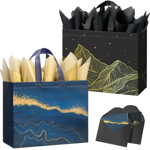 STYPOP 13" Large Gift Bags with Tissue Paper, 2 Pack Reusable Non-woven Happy Birthday Gift Bag with Handles, Perfect Gift...