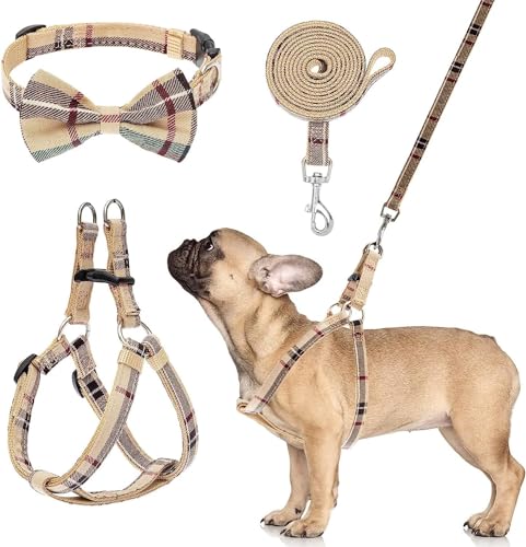 Dog Harness with Leash and Bow Tie Collar Set - Beige Plaid Puppy Harness, Escape Proof Adjustable No Pull Dog Vest for Ou...