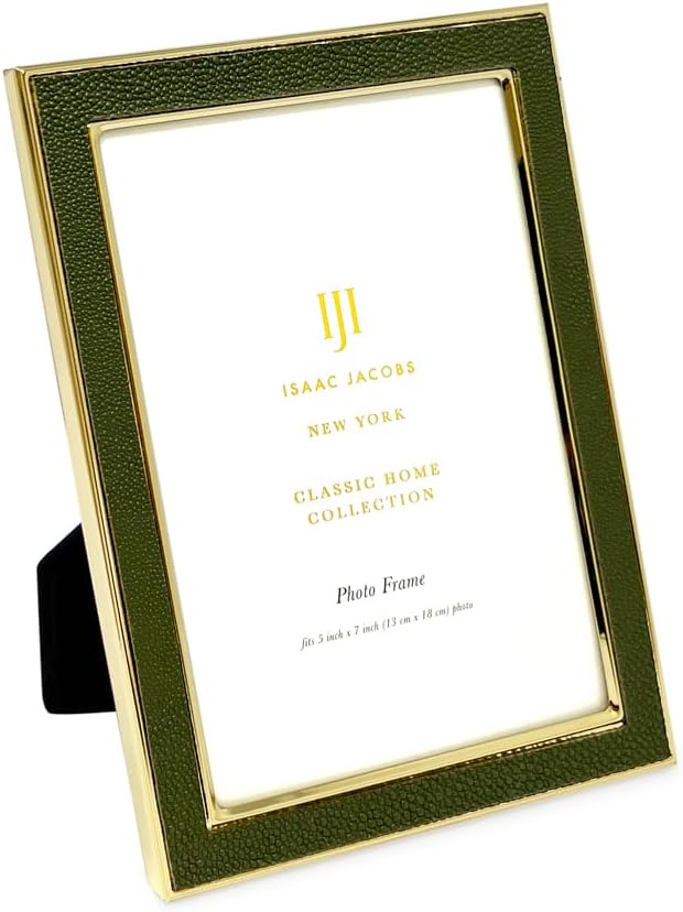 Isaac Jacobs 5x7 Olive Green Leather w/Gold Metal (Vertical & Horizontal) Picture Frame, Shagreen Border w/Black Fabric Ea...