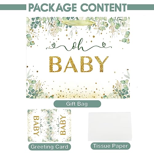 13" Large Baby Boy Girl Gift Bag for Baby Shower or Birthday with Handle, Tissue Paper and Greeting Card (13" Green)
