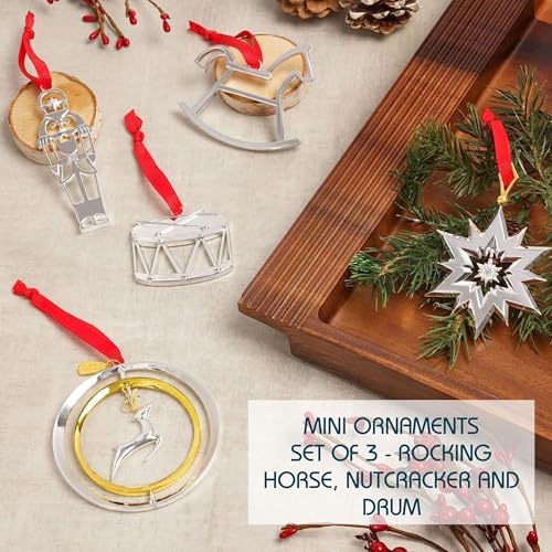 Nambe 2022 Miniature Ornament Set – Silver-Plated Rocking Horse, Nutcracker and Drum Christmas Ornaments, Holiday Tree Dec...
