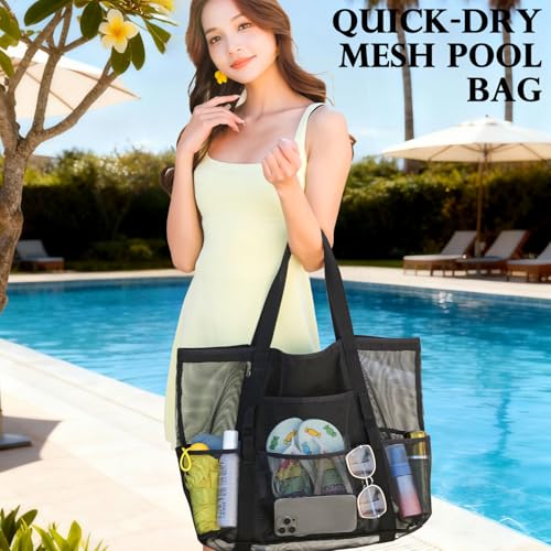 Fammart Mesh Beach Bag for Women, Large Beach Toy Pool Bag with Zipper Pocket, SandProof Cruise Essentials 2026 Family Travel