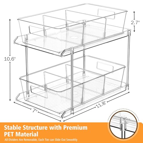 Fabspace Pull-out Home Organizer, 2 Pack 2 Tier Clear Bathroom Organizer with Dividers, Multipurpose Vanity Counter Tray, ...