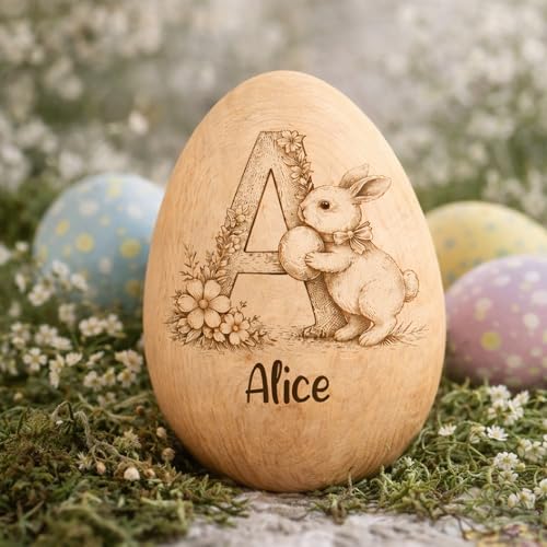 Personalized Wooden Easter Egg with Initial and Name, Custom Engraved Bunny & Floral Wood Egg, Unique Spring Holiday Gift ...