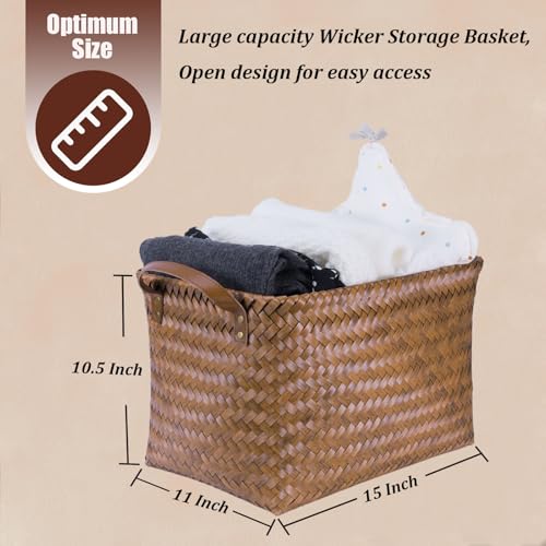 BROWNLILY Handwoven Clothes Basket Laundry Hampers Large Wicker Storage Baskets for Shelves Blankets Closet Storage Bins C...