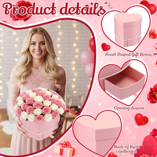 Fullhawl 4 Pack Heart Shaped Flower Box with Drawer,6.1" Mother's Day Gift Box for Roses, Jewelry, Proposals,Weddings, Rom...