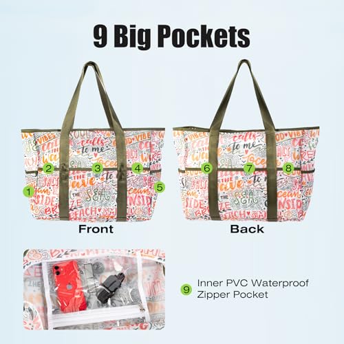 KUAK Mesh Beach Bag, Large Beach Tote with Top Zipper, 9 Pockets, Inner Waterproof Pocket for Family Pool Vacation Essentials