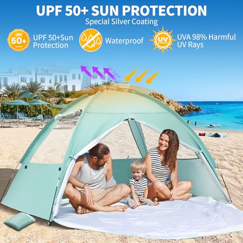 NHOWIN Beach Tent for 3-4 Person, Large Easy Setup Beach Shade Canopy with UPF 50＋ UV Protection, Portable Shade Tent with...