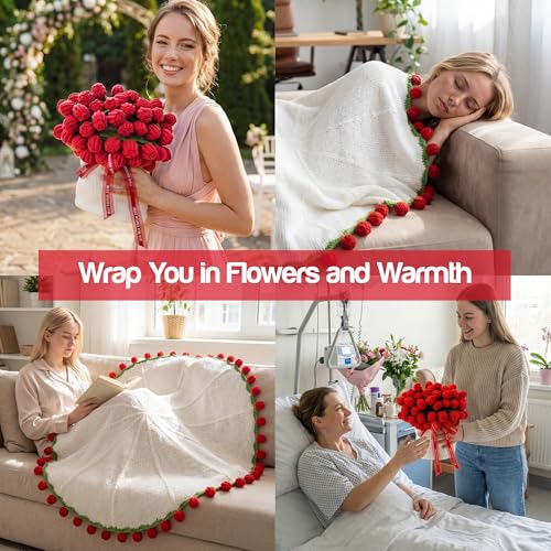 Mom Gifts for Mothers Day, Handmade Knitted Crochet Flower Bouquet Blanket, Birthday Gifts for Women, Anniversary, Weddin...