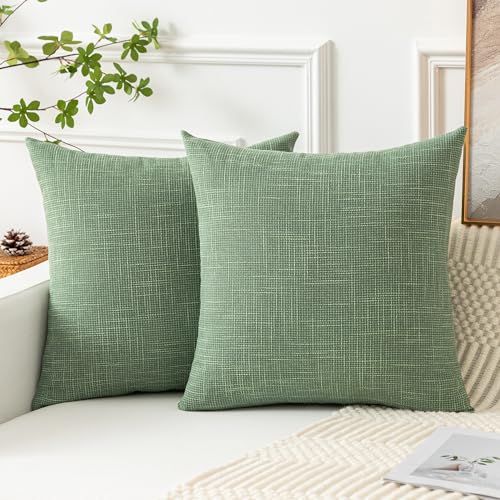 Kevin Textile Set of 2 Sage Green Pillow Covers 18 x 18 Inch Spring Farmhouse Boho Decorative Throw Pillow Covers Linen Cu...