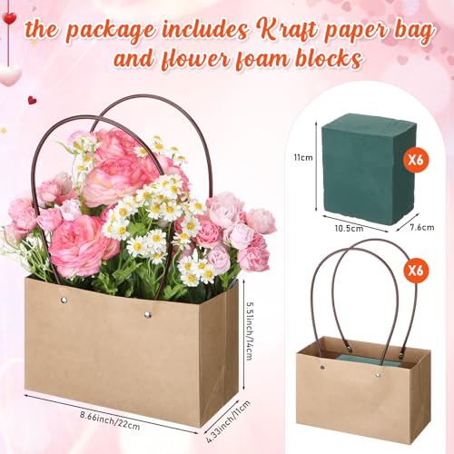 6 Set Mother's Day Flower Gift Boxes with Floral Foam Blocks, Bouquet Carrier Bags with Handle, Paper Flower Box for Bouqu...