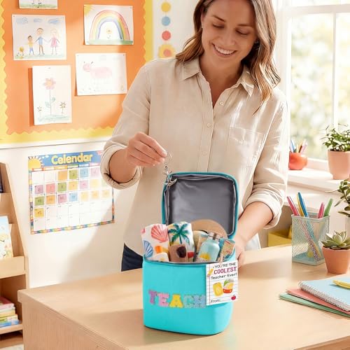 Summer Teacher Appreciation Gifts Teach Chenille Letter Cooler Bag with Ribbon Thank You Tag Wooden Clamp Cooler Bag for E...