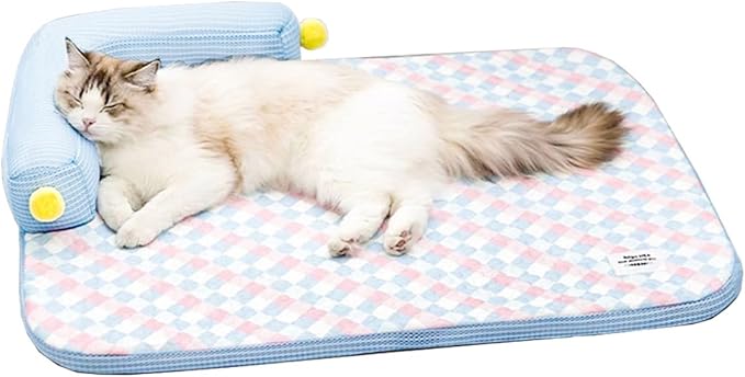 Lunale All-Season Ice Fabric Cat Bed with Cushioned Pillow/Play Ball/Washable Mat for Cats, Kittens & Small Pets (Blue, 2...