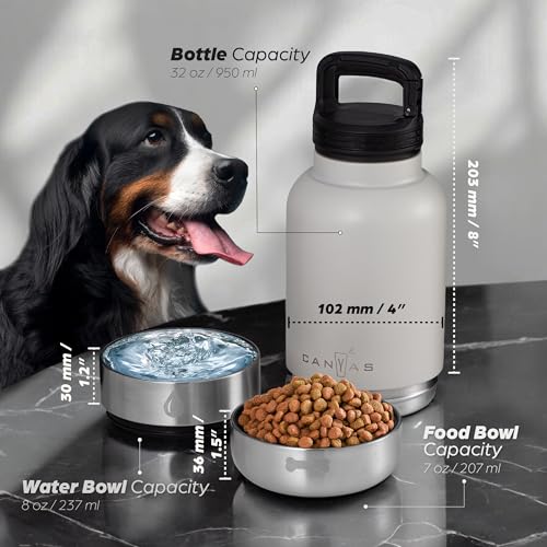 Insulated 32oz Stainless Steel Dog Water Bottle with Food & Water Bowls, Leak-Proof Pet Travel Dispenser for Dogs, Portabl...