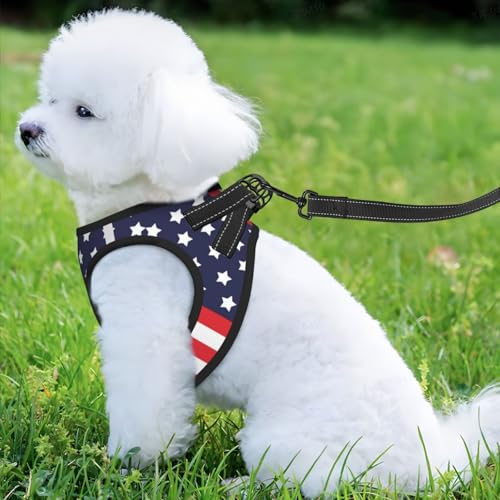 American Star Flag No Pull Dog Harness and Leash Set, Reflective Vest for Small Dogs, Adjustable Breathable Cute Classic M...