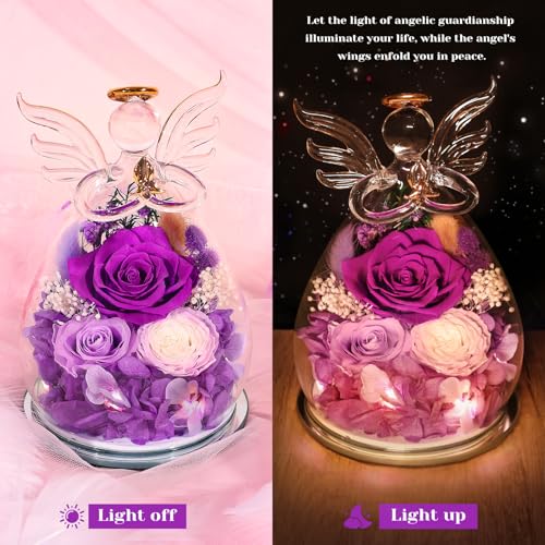 Gifts for Mom Birthday Gifts for Women Preserved Rose Forever Flower in Glass Angel Figurines Fresh Flowers for Delivery A...