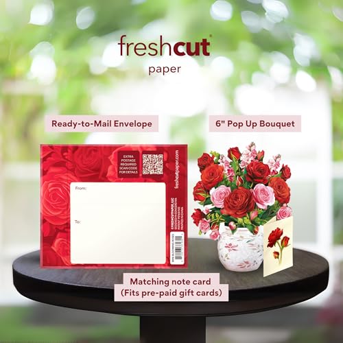 Freshcut Paper Pop Up Cards, Mini Blooming Roses, 6 Inch Mini Sized Forever Flower Bouquet 3D Popup Greeting Cards, Valent...