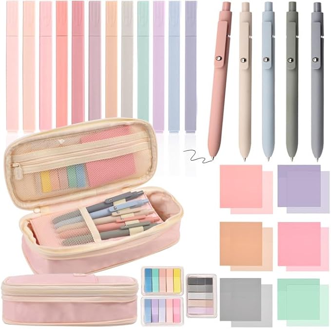 Aesthetic School Supplies with Pencil Pouch - 27Pcs Cute College Essentials Set, Big Capacity Pen Case, Pastel Highlighter...