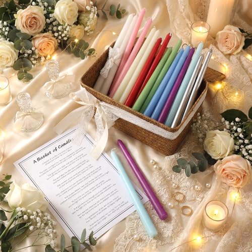 MTLEE Candlestick Wedding Poem Gift Box 18 Colored Taper Candles 2 Glass Taper Candlestick Holders Storage Basket White La...