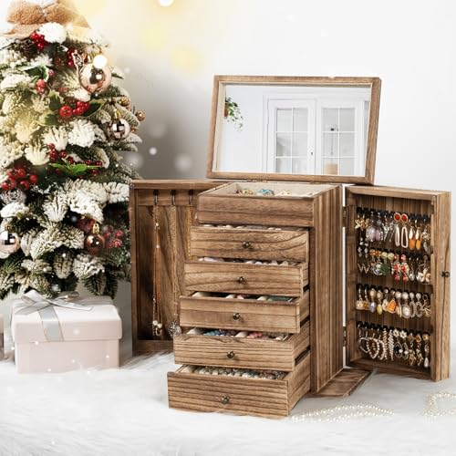 Emfogo Wooden Jewelry Box for Women, 6-Tier Large Jewelry Organizer Boxes with Mirror Rustic Solid Wood jewlery Storage Di...
