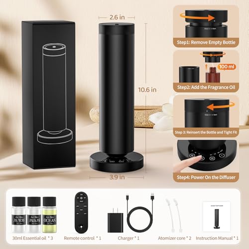 Dakomoda Waterless Diffuser with 90ML Essential Oils, Covers 1000 Sq Ft, Diffusers for Home Hotel, Adjustable Mist & Time...