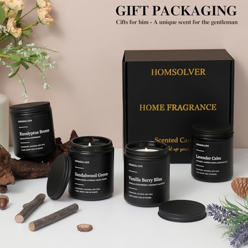 Homsolver Set of 4 Scented Candles for Home Decor, Candle Gifts for Dad Men Him, 200Hours Burn Tine, Vanilla, Lavender, Sa...