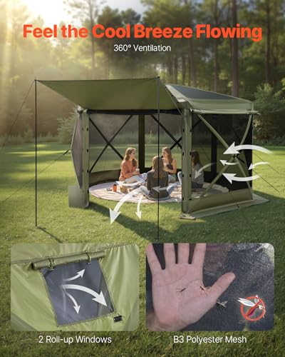 VEVOR Pop up Gazebo Screen Tent, 12 x 12 ft Large 6-Sided Camping Canopy Tent with Removable Top & Carry Bag, Quick-Set & ...