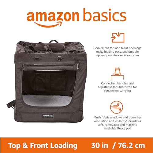 Amazon Basics Portable Soft Pet Dog Crate Carrier Kennel with Mesh Windows, Foldable, 30 x 21 x 21 inches, Black