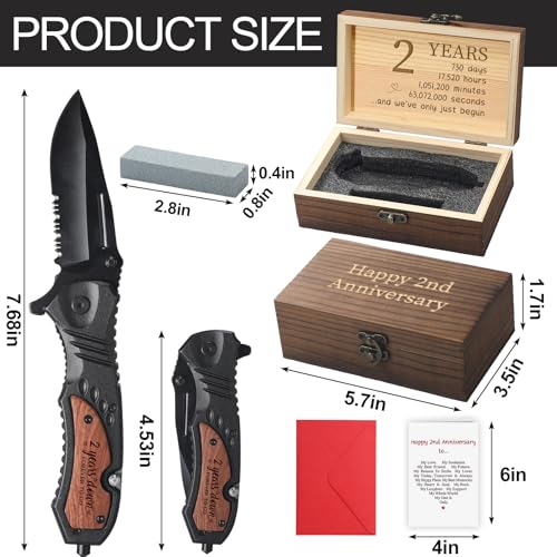 Leriton 2 Years Anniversary Keepsake Gifts for Him Men Husband Engraved Pocket Folding Knife with Wood Box Tin Anniversary...