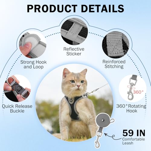 SCENEREAL Cat Harness and Leash Set Escape Proof, Adjustable Soft Air Mesh Kitten Harnesses for Girls Boys Small Medium Bi...