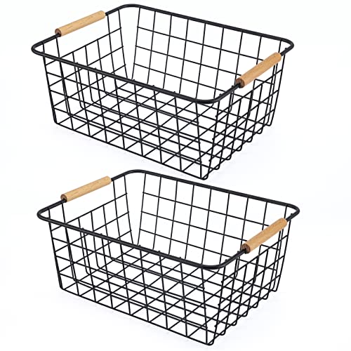 Black 2PCS Wire Storage Baskets with Wooden Handles - Organizing Pantry and Kitchen Cabinets - Metal Wire Food Storage Basket