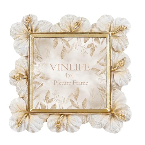 VINLIFE Small Vintage Picture Frames 4x4 Antique White and Gold Ornate Flower Picture Frame with Real Glass Tabletop and W...