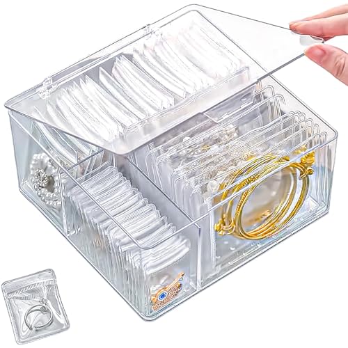 4 In 1 Acrylic Jewelry Organizers and Storage with 60 Portable Anti Tarnish Jewelry Bags, Clear Jewelry Box Organizer, Tra...