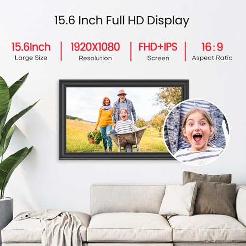 64GB 15.6" Frameo Digital Picture Frame WiFi, Large Electronic Photo Frames 1920 x 1080 IPS FHD Touch Screen, Send Photos ...