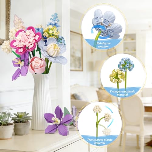 Abbabby Flower Building Set for Adults.880-Piece Artificial Bouquet Set Compatible with Lego.DIY Floral Building Toy for A...