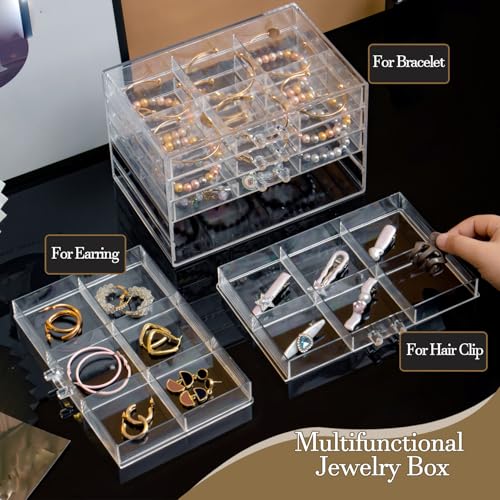 SPAKOWN Earring Organizer, Acrylic Earring Box Large 18 Compartments Jewelry Holder Organizer with 3 Drawers Stackable Ear...