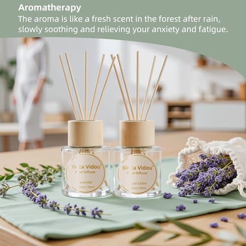 Binca Vidou Reed Diffuser Set Lavender & Linen Natural Scent Theme Oil Diffusers with Sticks for Home Office Bathroom Arom...