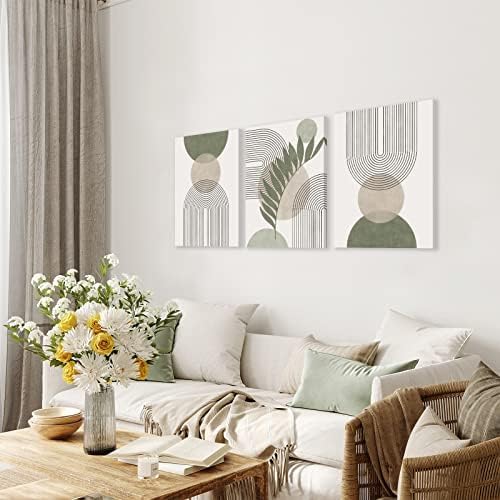 Sage Green Boho Wall Art Set of 3, Minimalist Framed Wall Art Geometric Line Leaf Sun Moon Beige Green Canvas Artwork Pain...