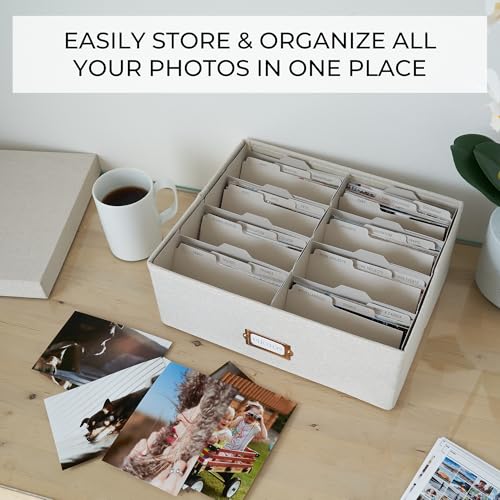 ZICOTO Decorative Photo Storage Box - Sturdy Linen Photo Organizer with Dividers is Perfect to Store Up to 1700 Pictures a...