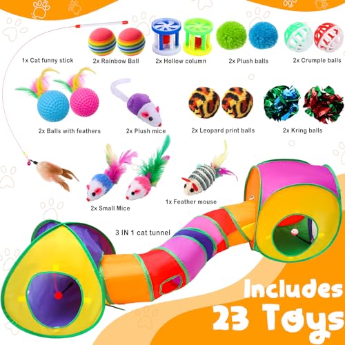 VercanMonth 21 Pcs Cat Tunnels for Indoor Set, 3 In1 Collapsible Cat Tunnel Toy with Cube Tent Toys Combo and 20 Pcs Inter...